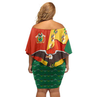 Bolivia Flag Color Off Shoulder Short Dress with National Crest, Andean Pattern and Condor Graphic