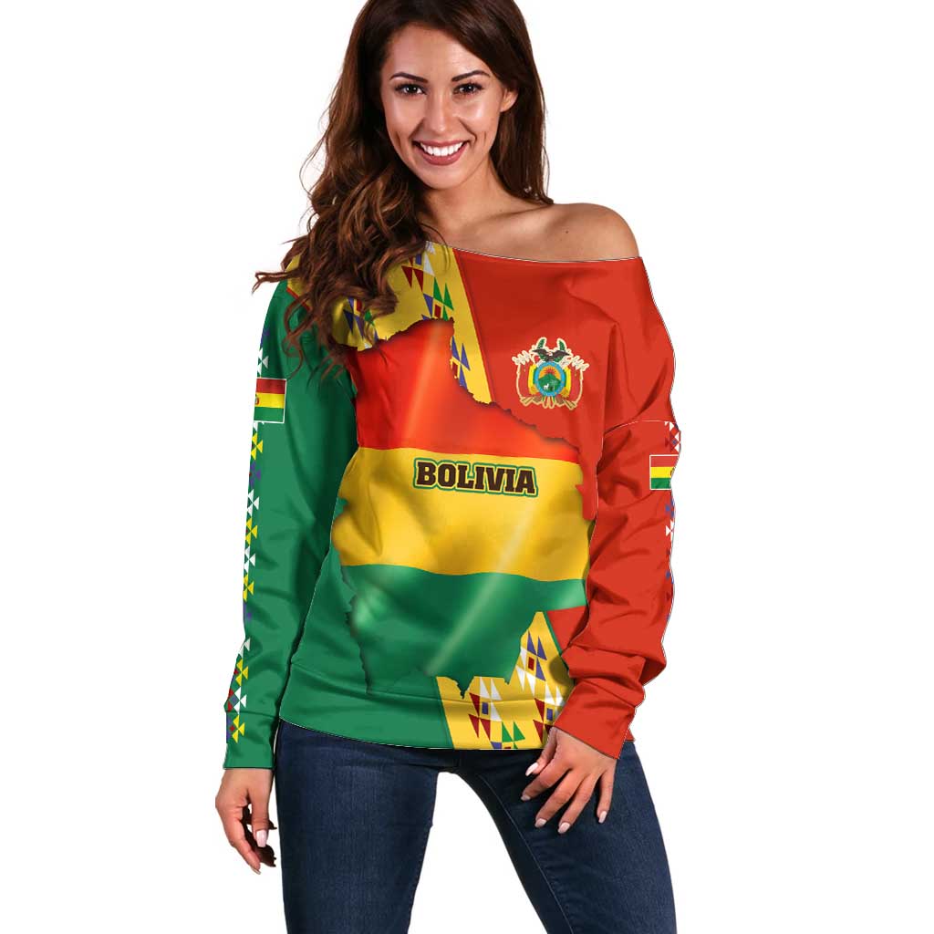 Bolivia Flag Color Off Shoulder Sweater with National Crest, Andean Pattern and Condor Graphic