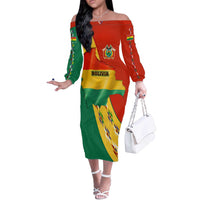 Bolivia Flag Color Off The Shoulder Long Sleeve Dress with National Crest, Andean Pattern and Condor Graphic
