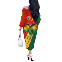 Bolivia Flag Color Off The Shoulder Long Sleeve Dress with National Crest, Andean Pattern and Condor Graphic