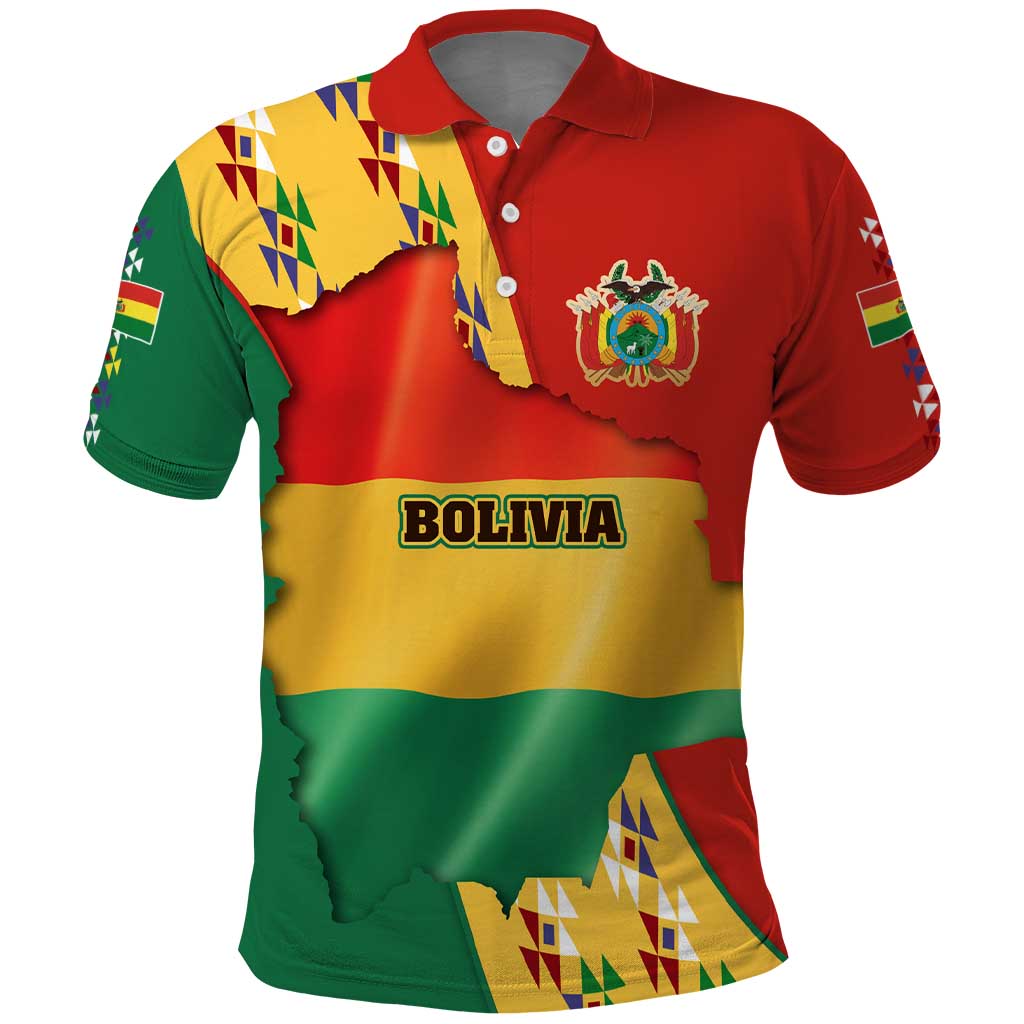 Bolivia Flag Color Polo Shirt with National Crest, Andean Pattern and Condor Graphic