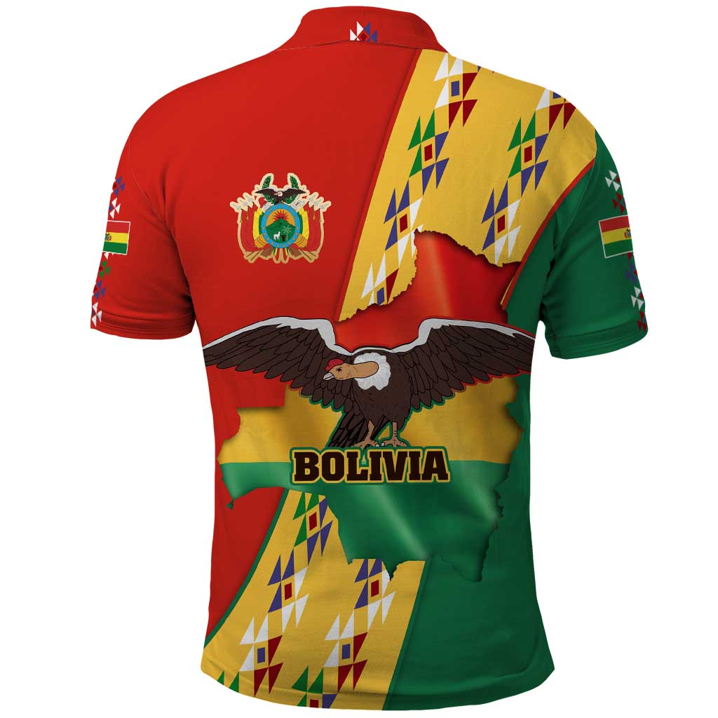 Bolivia Flag Color Polo Shirt with National Crest, Andean Pattern and Condor Graphic