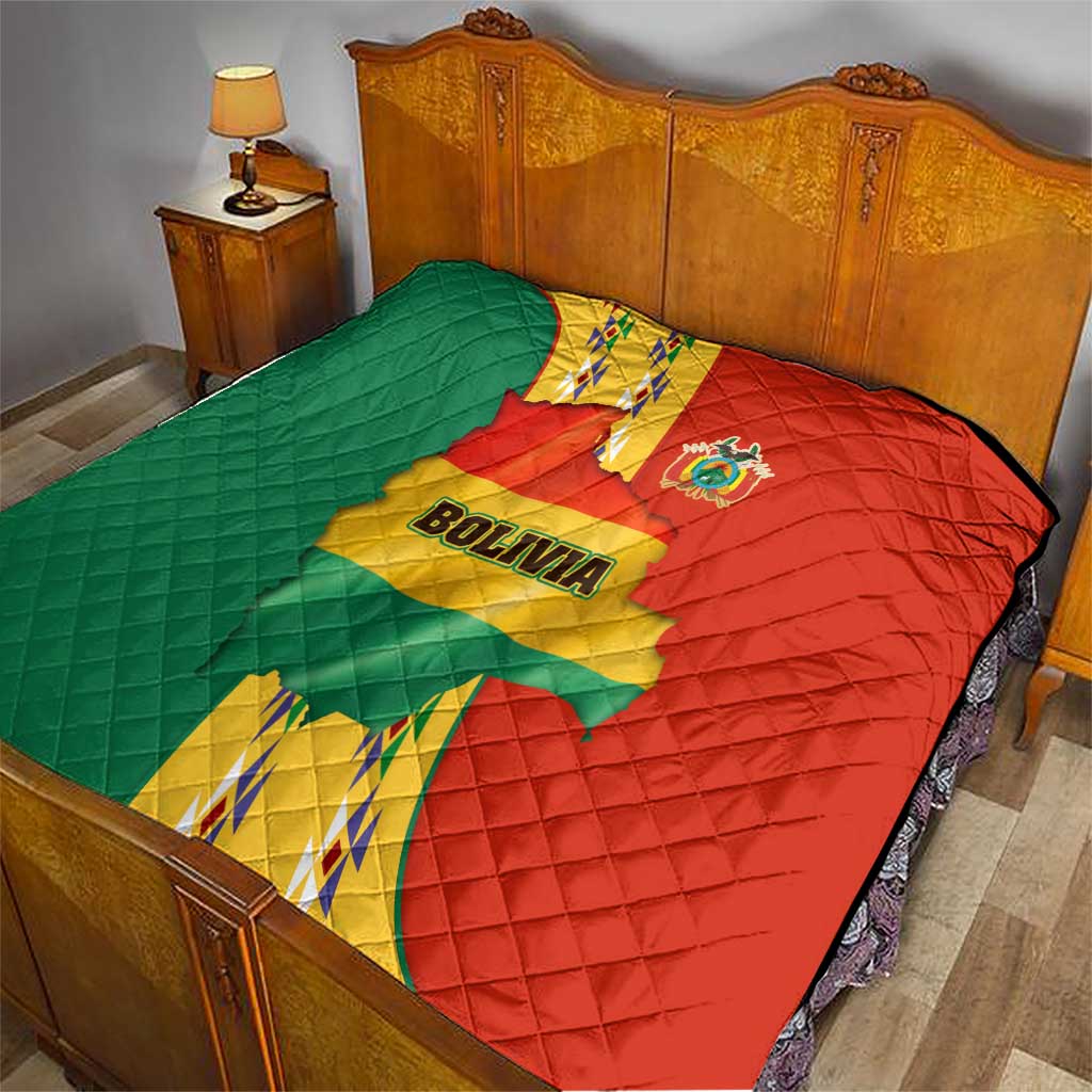 Bolivia Flag Color Quilt with National Crest, Andean Pattern and Condor Graphic