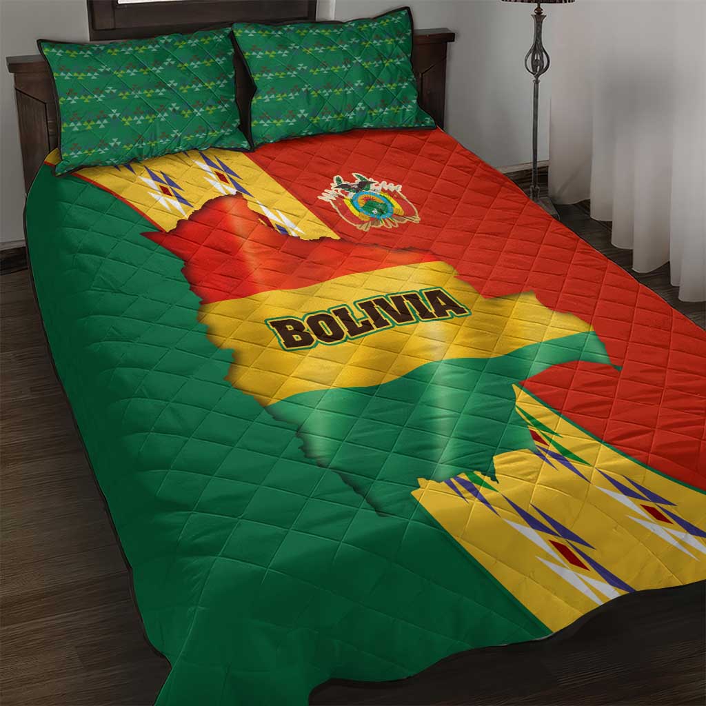 Bolivia Flag Color Quilt Bed Set with National Crest, Andean Pattern and Condor Graphic