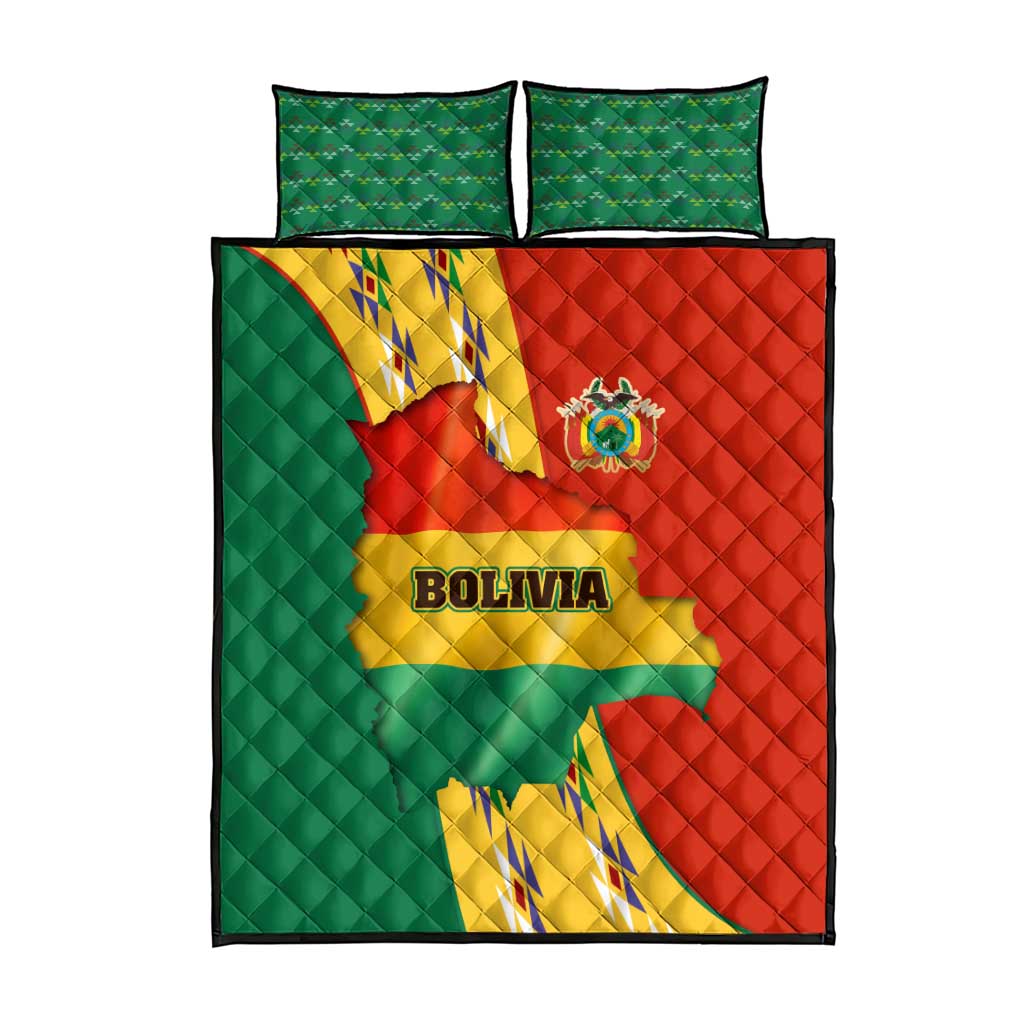 Bolivia Flag Color Quilt Bed Set with National Crest, Andean Pattern and Condor Graphic