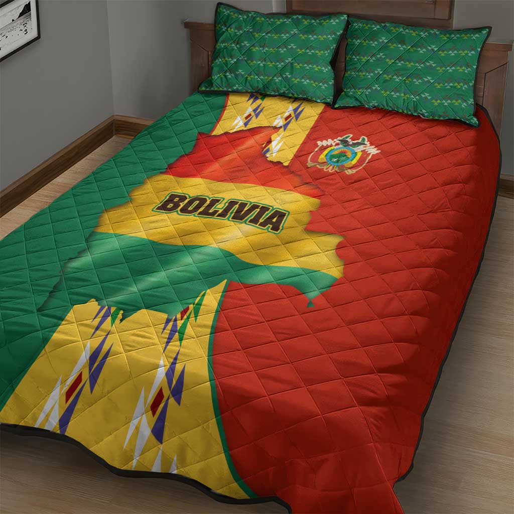 Bolivia Flag Color Quilt Bed Set with National Crest, Andean Pattern and Condor Graphic
