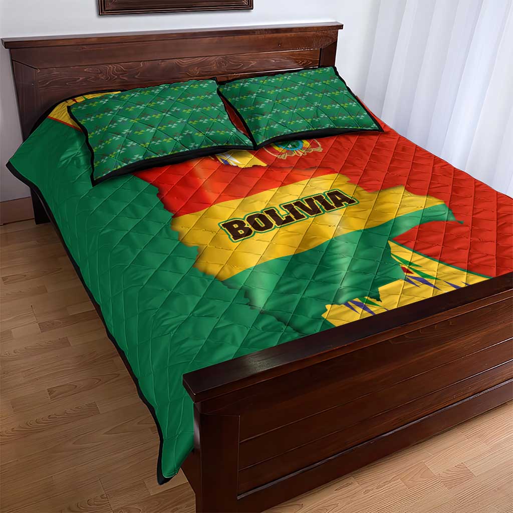 Bolivia Flag Color Quilt Bed Set with National Crest, Andean Pattern and Condor Graphic