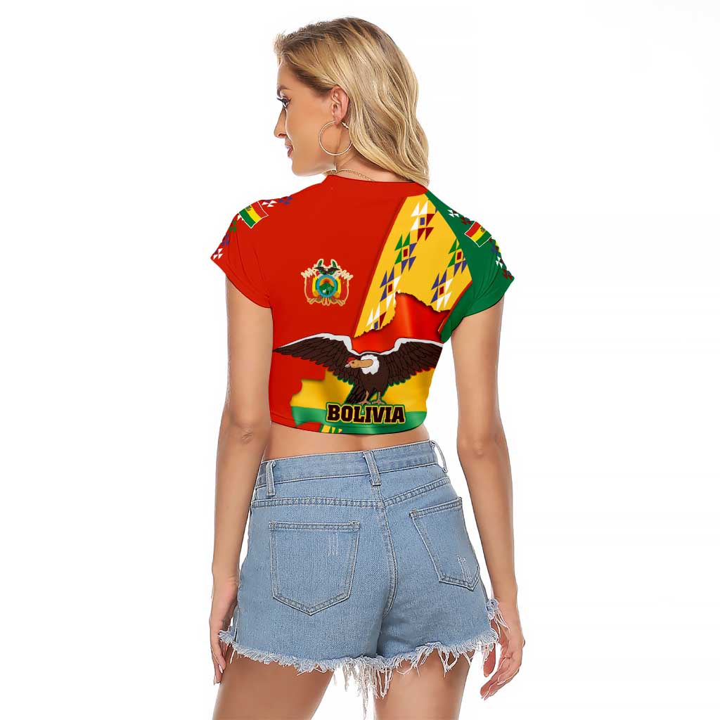 Bolivia Flag Color Raglan Cropped T Shirt with National Crest, Andean Pattern and Condor Graphic