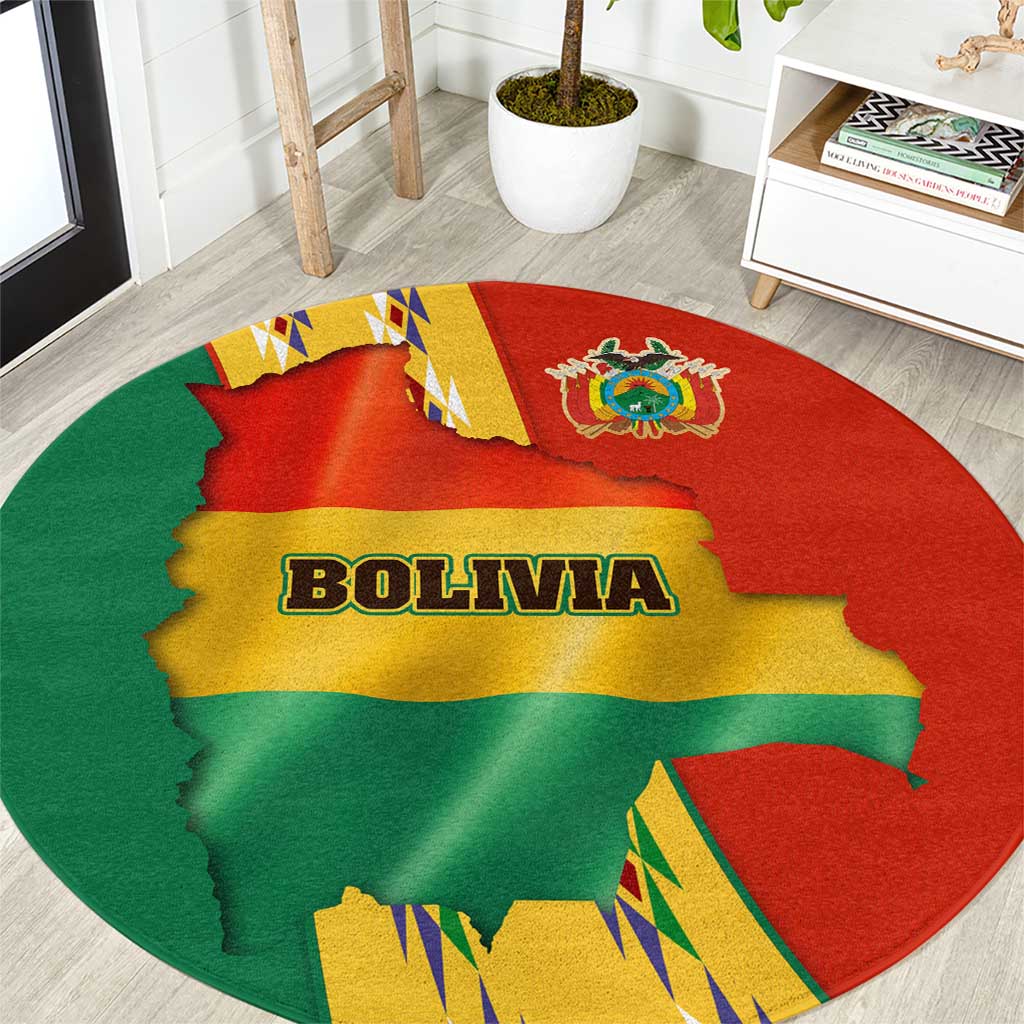 Bolivia Flag Color Round Carpet with National Crest, Andean Pattern and Condor Graphic