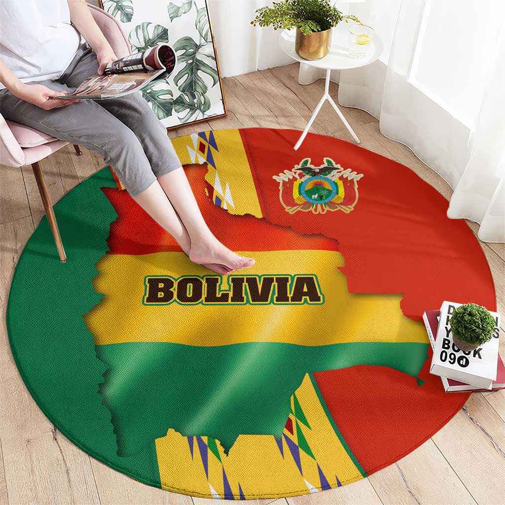 Bolivia Flag Color Round Carpet with National Crest, Andean Pattern and Condor Graphic