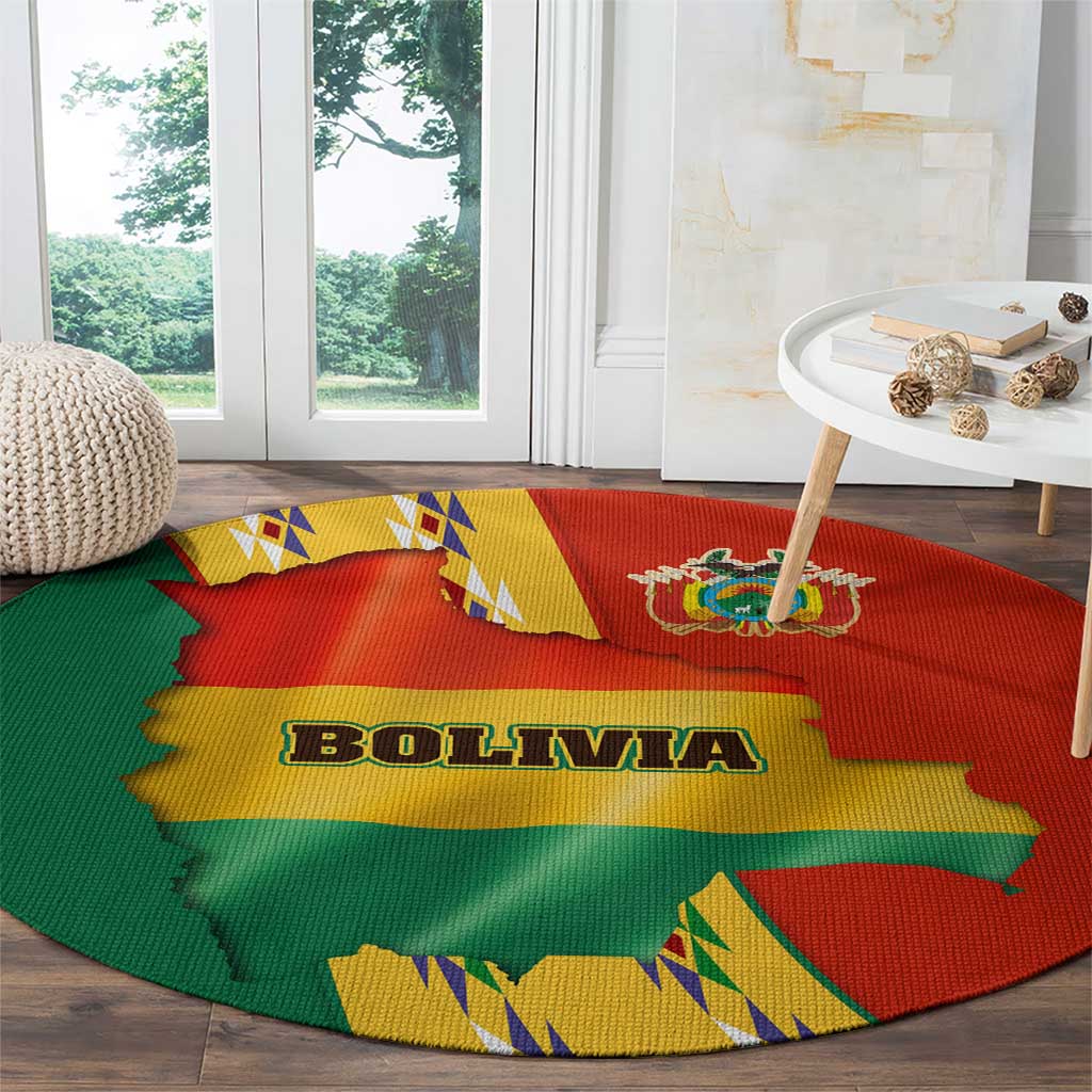 Bolivia Flag Color Round Carpet with National Crest, Andean Pattern and Condor Graphic
