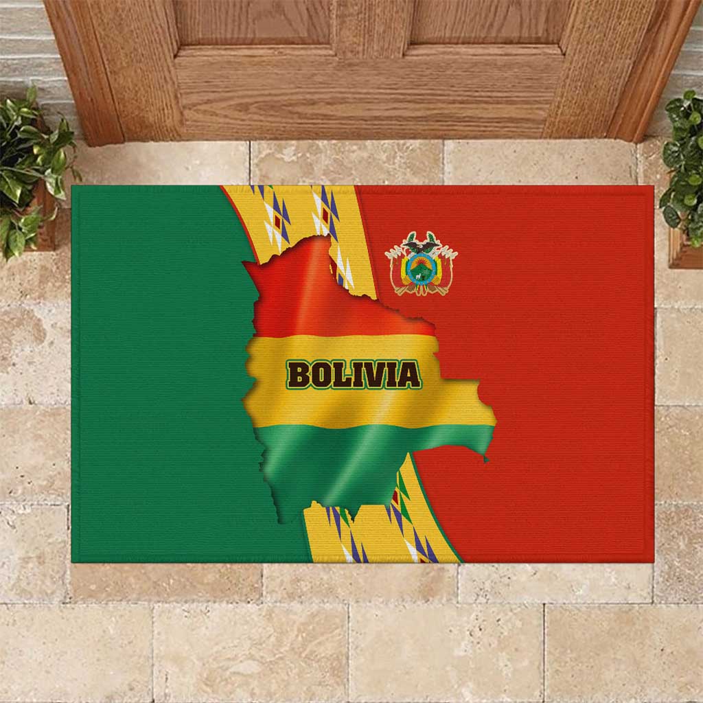 Bolivia Flag Color Rubber Doormat with National Crest, Andean Pattern and Condor Graphic