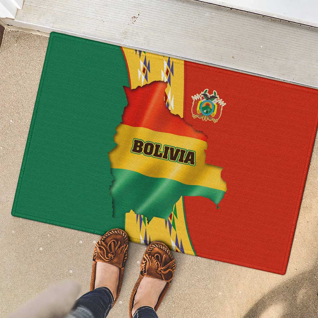Bolivia Flag Color Rubber Doormat with National Crest, Andean Pattern and Condor Graphic