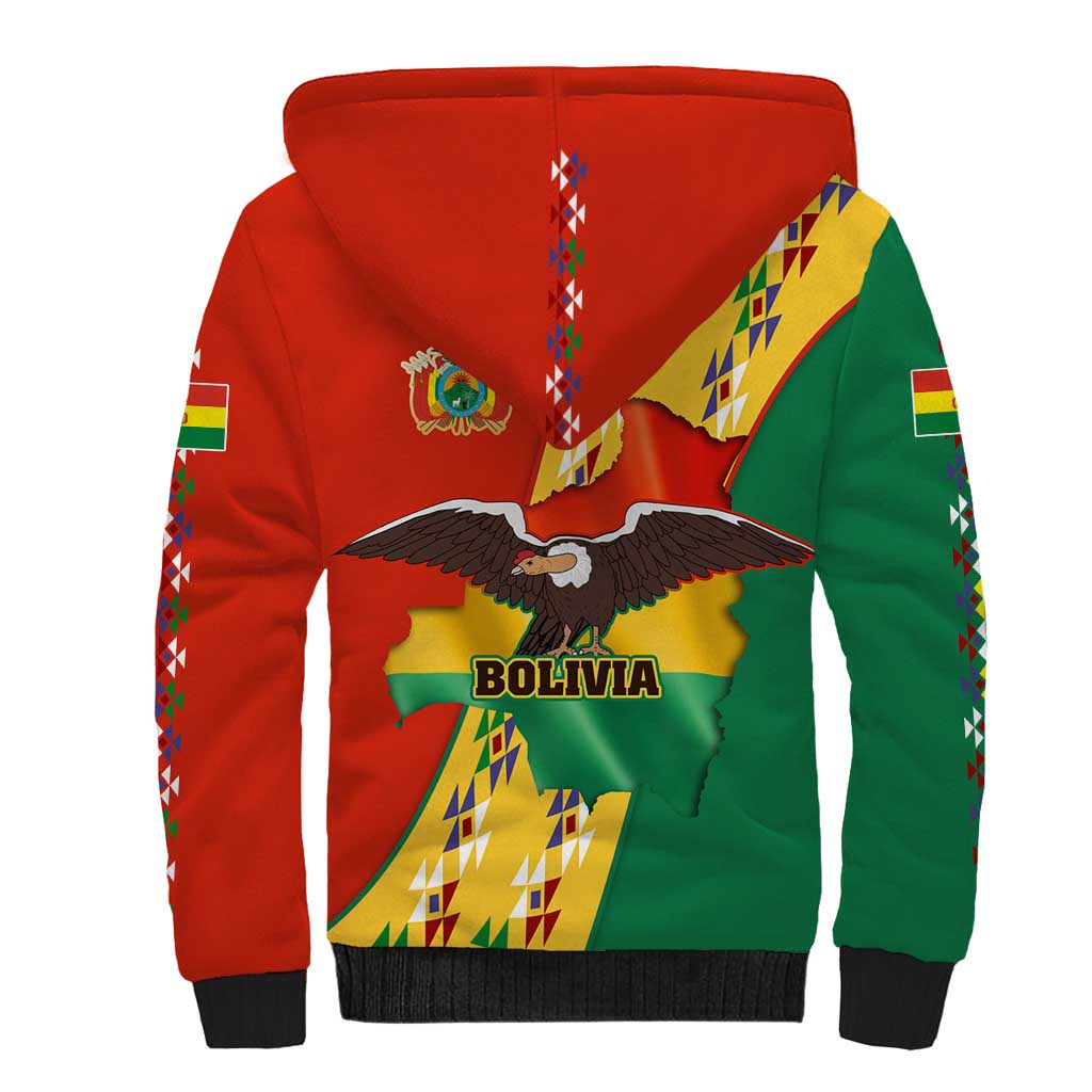 Bolivia Flag Color Sherpa Hoodie with National Crest, Andean Pattern and Condor Graphic