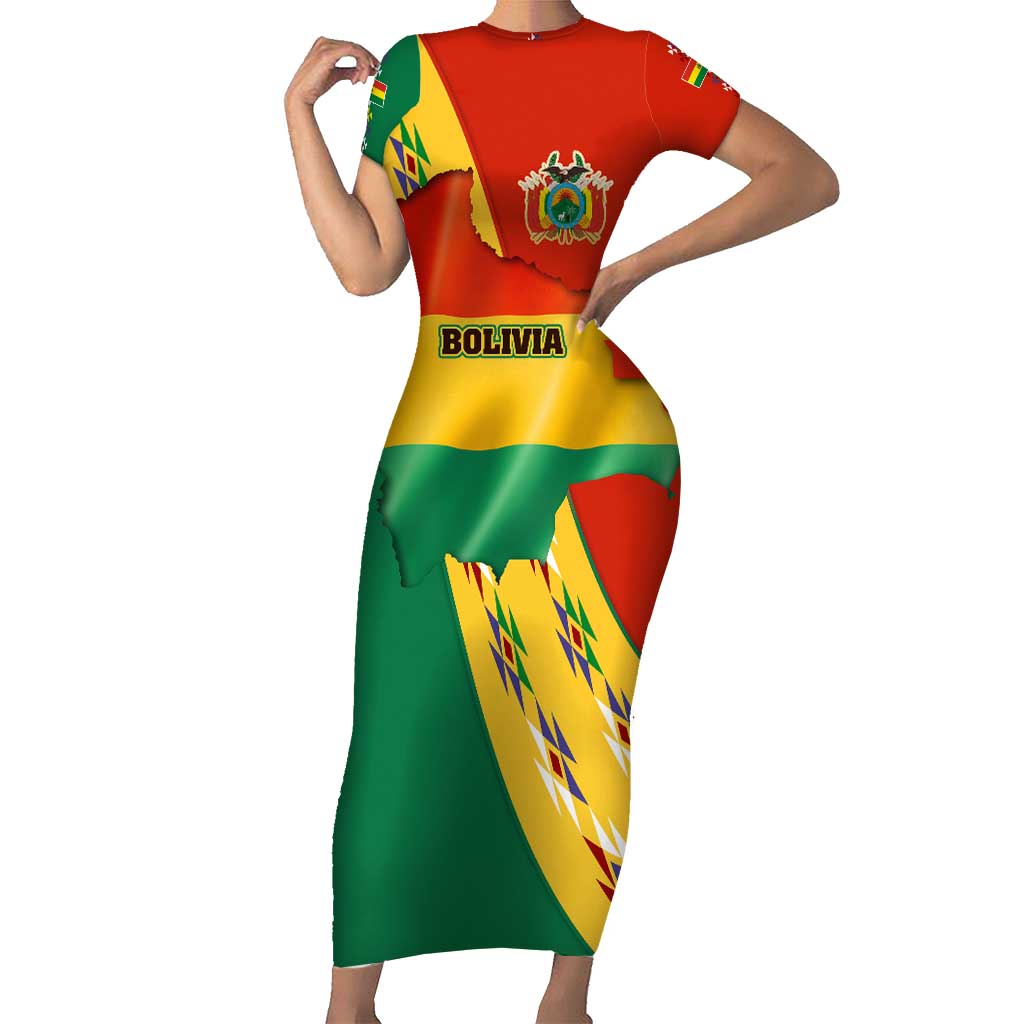 Bolivia Flag Color Short Sleeve Bodycon Dress with National Crest, Andean Pattern and Condor Graphic