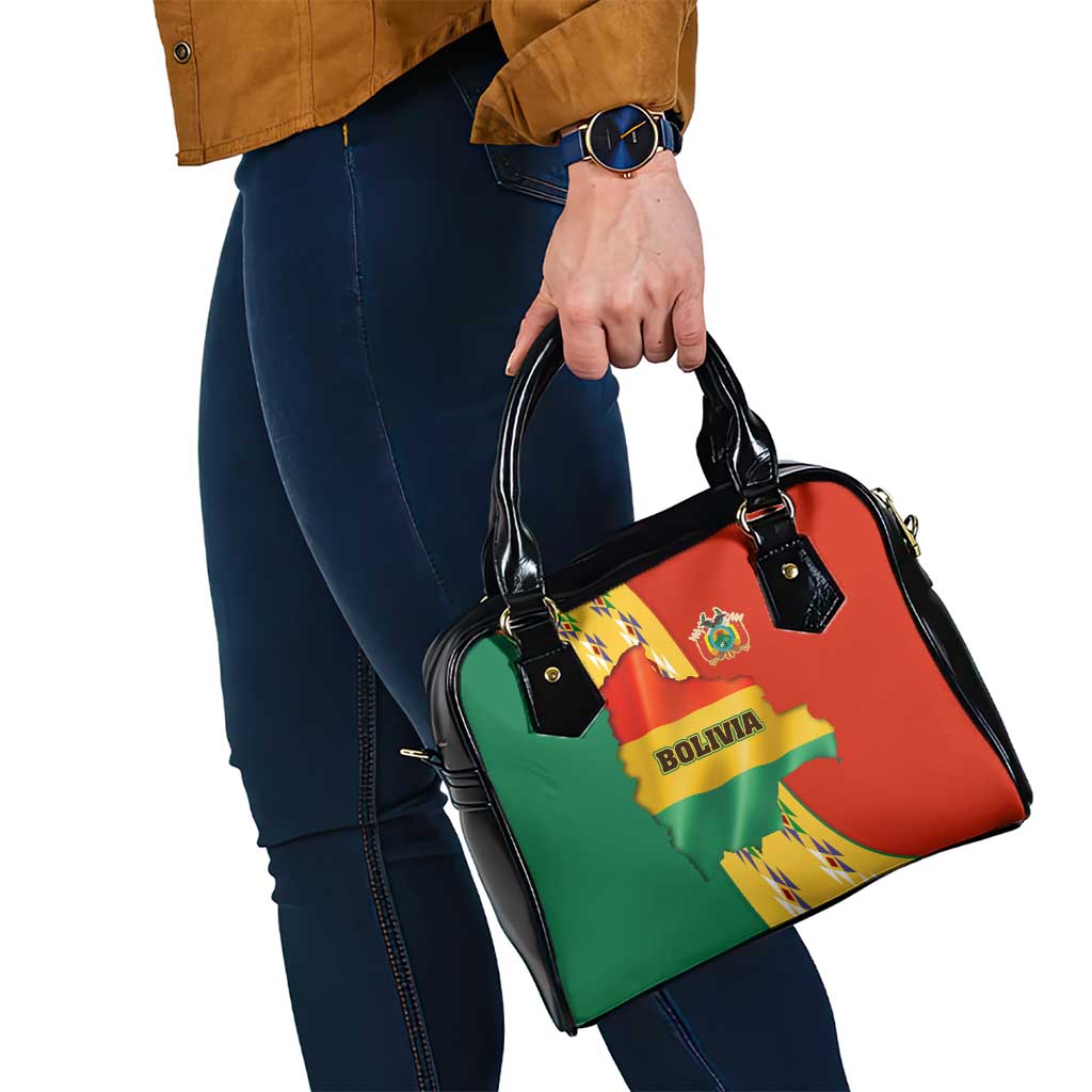 Bolivia Flag Color Shoulder Handbag with National Crest, Andean Pattern and Condor Graphic