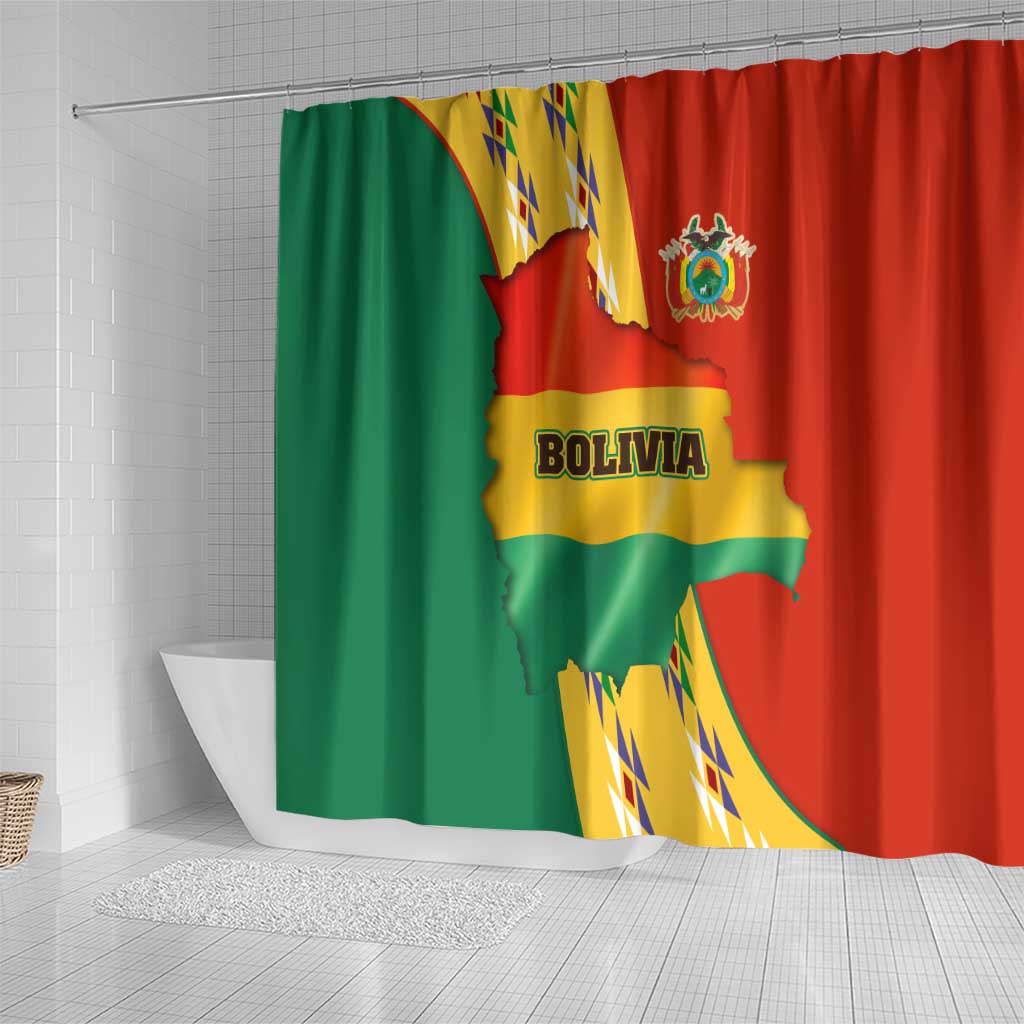 Bolivia Flag Color Shower Curtain with National Crest, Andean Pattern and Condor Graphic