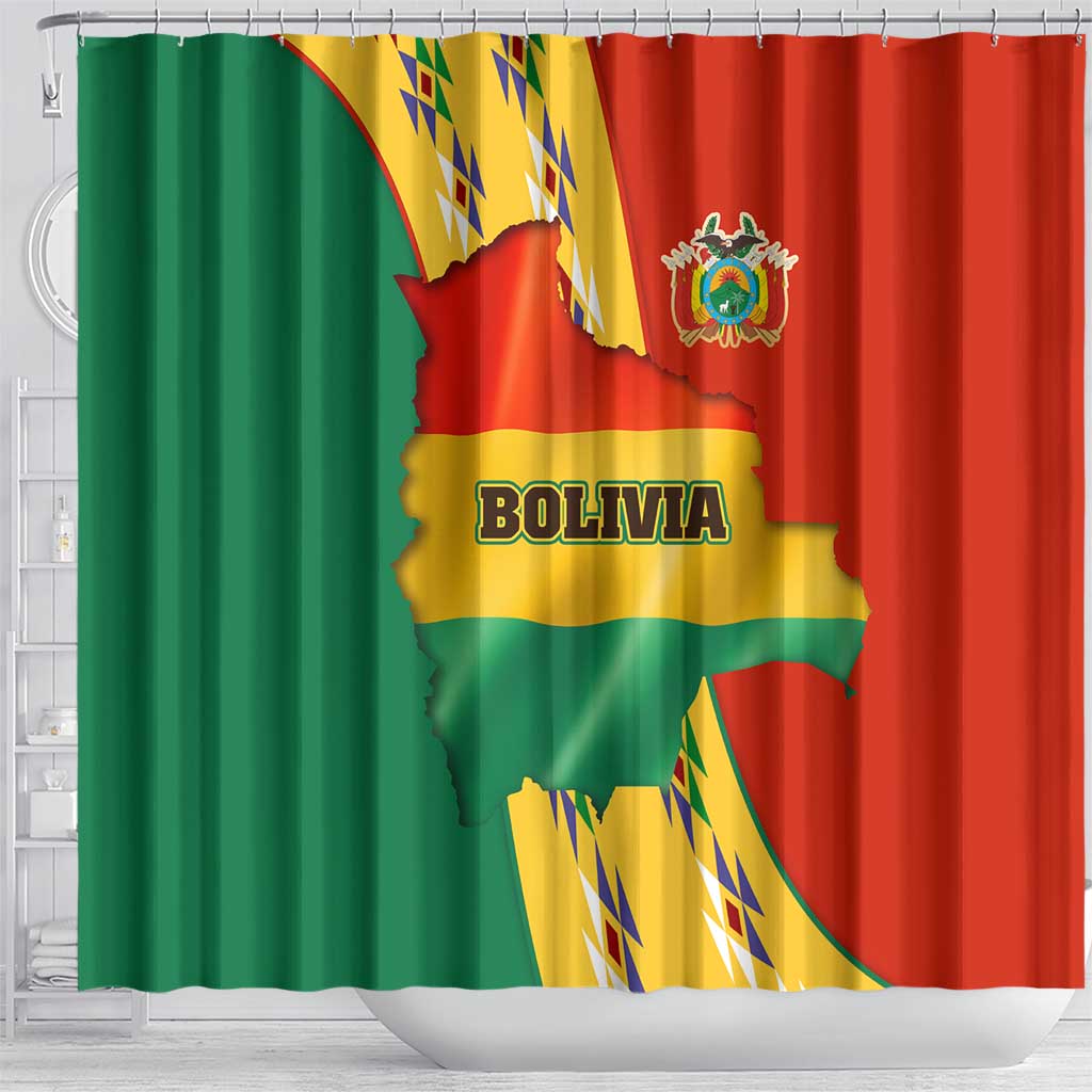 Bolivia Flag Color Shower Curtain with National Crest, Andean Pattern and Condor Graphic