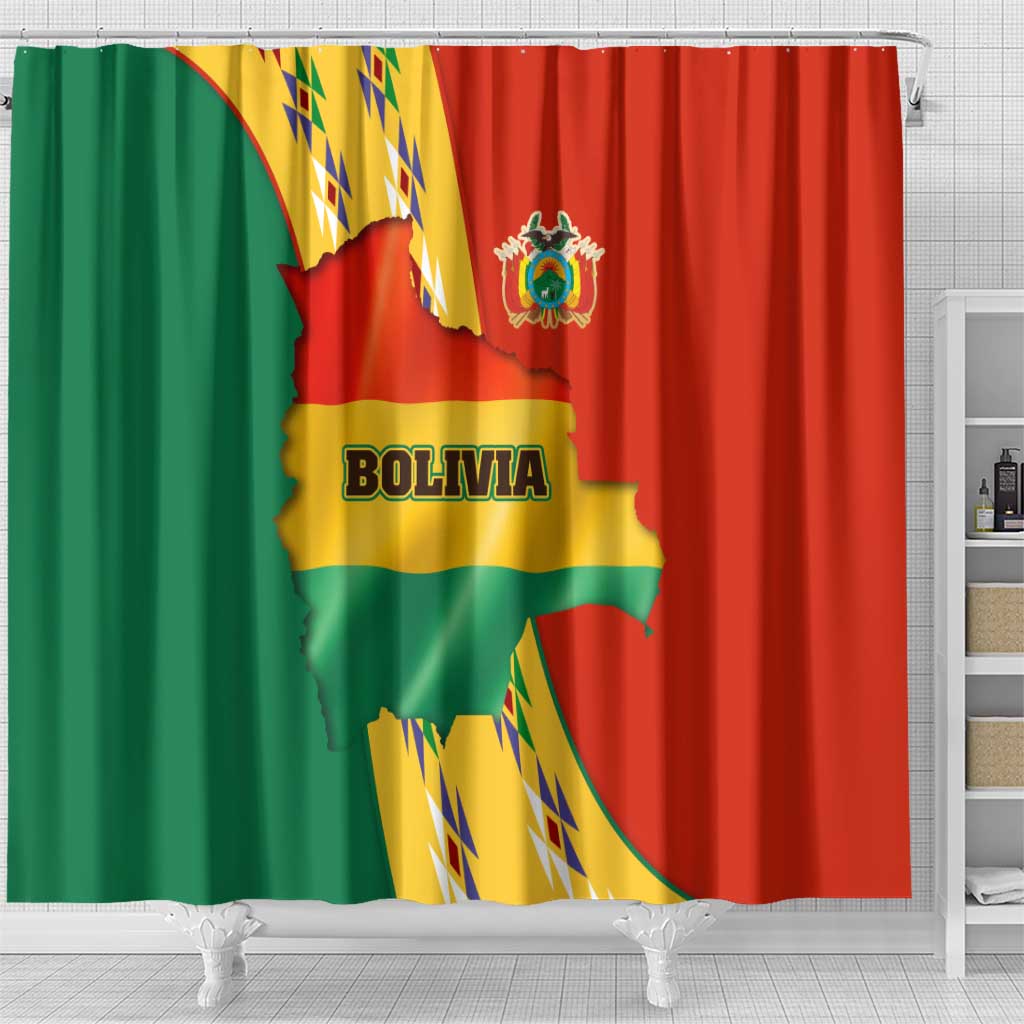 Bolivia Flag Color Shower Curtain with National Crest, Andean Pattern and Condor Graphic