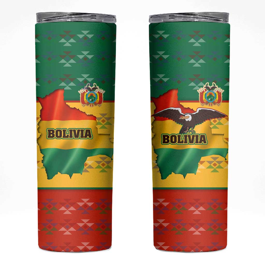 Bolivia Flag Color Skinny Tumbler with National Crest, Andean Pattern and Condor Graphic