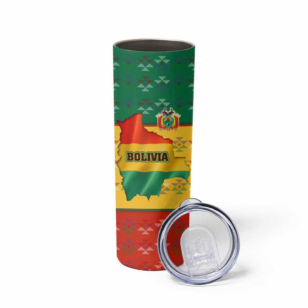 Bolivia Flag Color Skinny Tumbler with National Crest, Andean Pattern and Condor Graphic