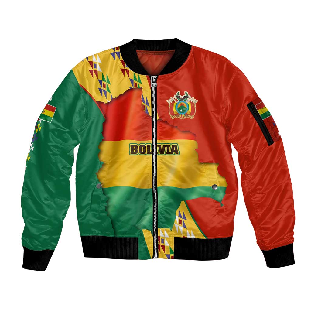 Bolivia Flag Color Sleeve Zip Bomber Jacket with National Crest, Andean Pattern and Condor Graphic