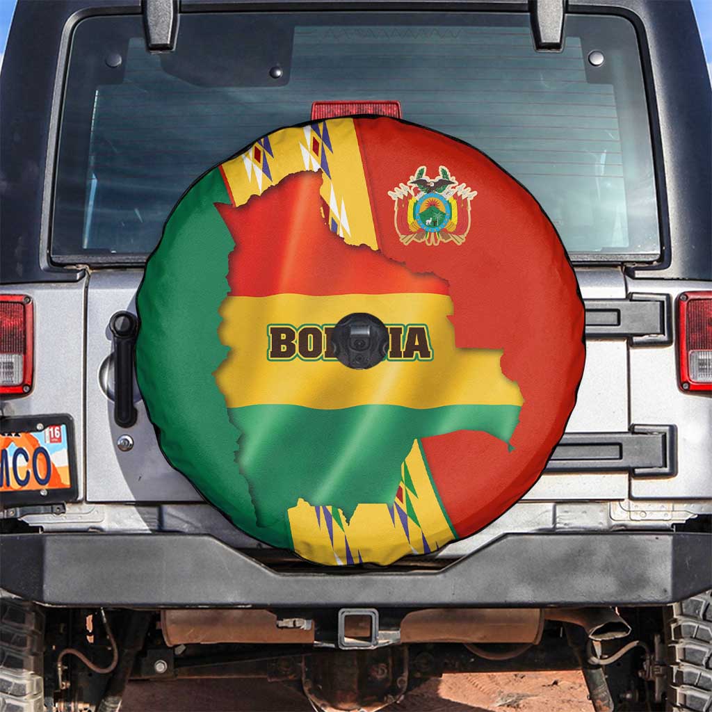 Bolivia Flag Color Spare Tire Cover with National Crest, Andean Pattern and Condor Graphic