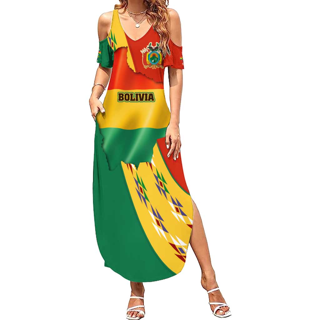 Bolivia Flag Color Summer Maxi Dress with National Crest, Andean Pattern and Condor Graphic