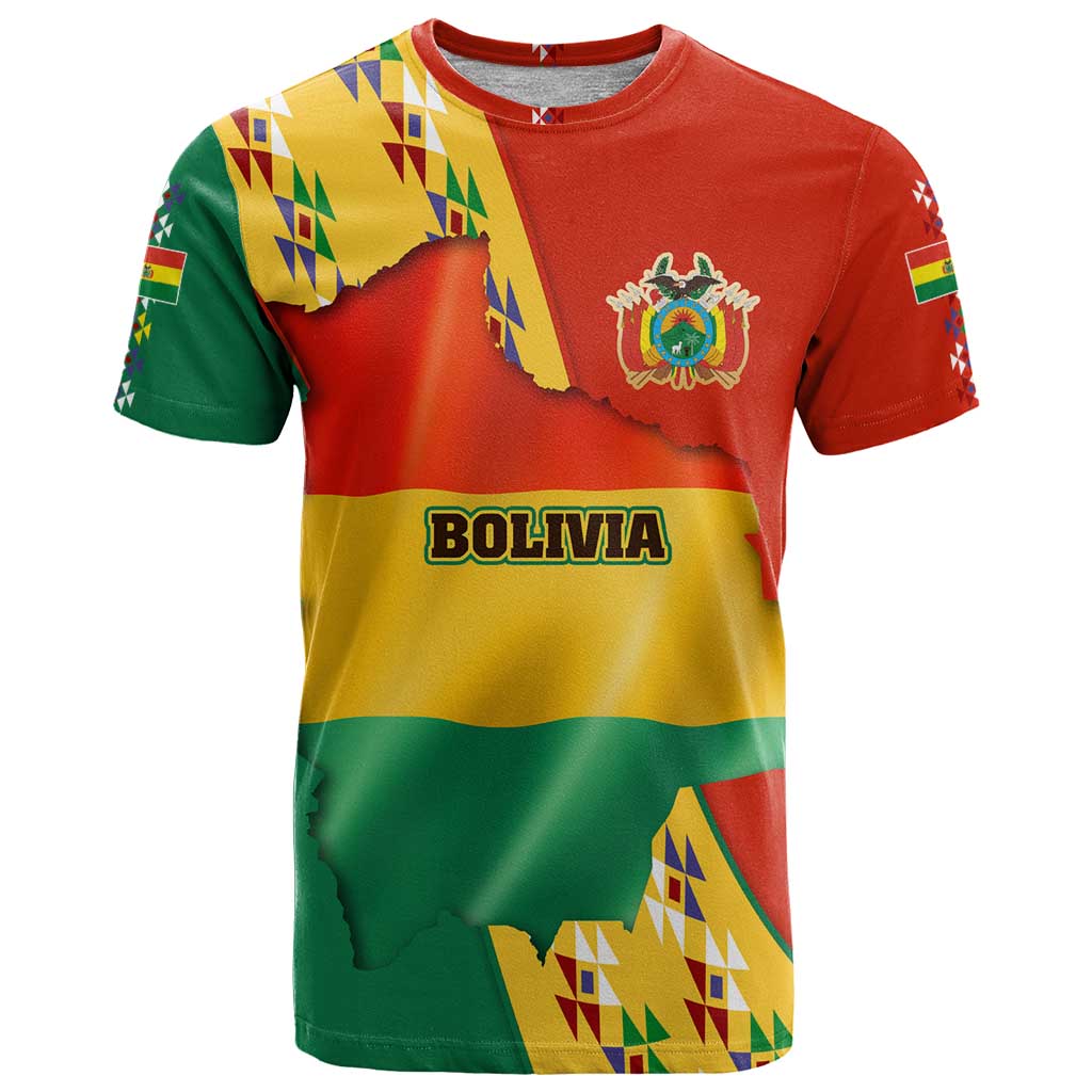 Bolivia Flag Color T Shirt with National Crest, Andean Pattern and Condor Graphic
