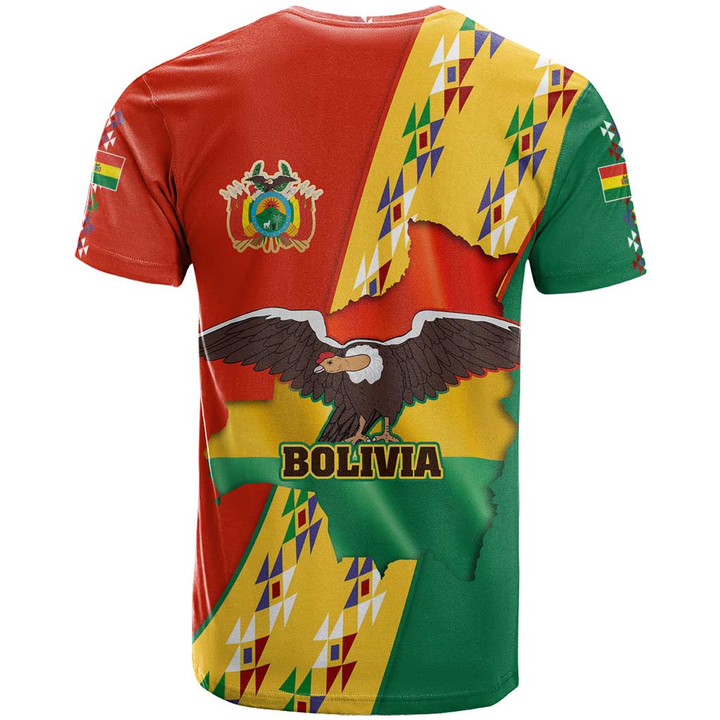 Bolivia Flag Color T Shirt with National Crest, Andean Pattern and Condor Graphic