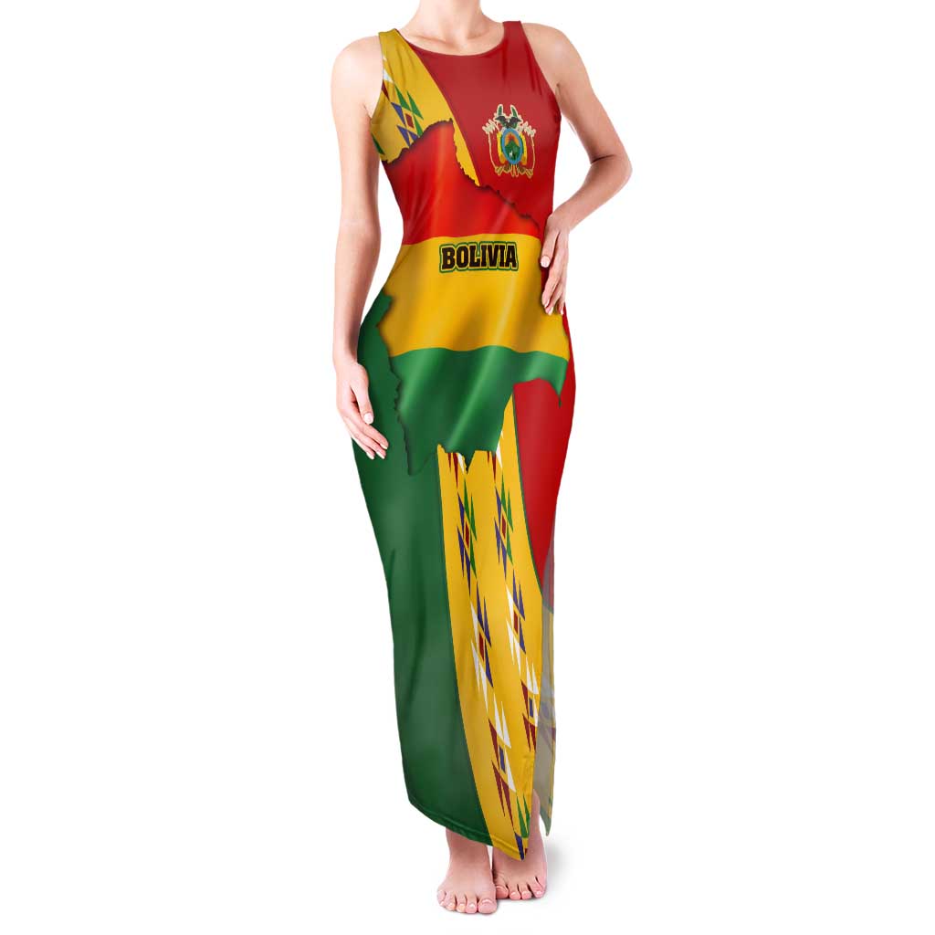 Bolivia Flag Color Tank Maxi Dress with National Crest, Andean Pattern and Condor Graphic
