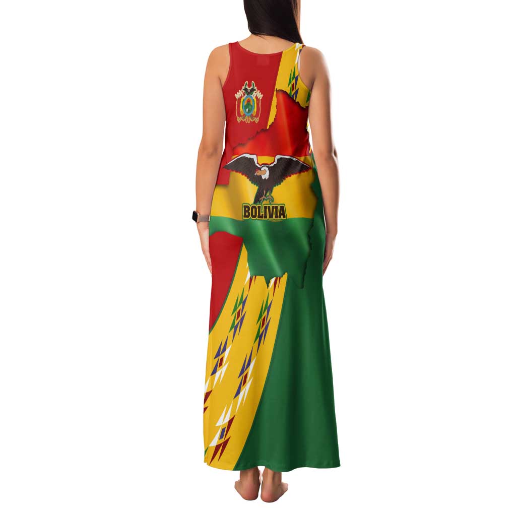 Bolivia Flag Color Tank Maxi Dress with National Crest, Andean Pattern and Condor Graphic