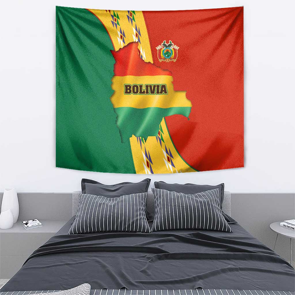 Bolivia Flag Color Tapestry with National Crest, Andean Pattern and Condor Graphic