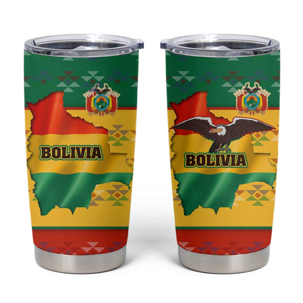 Bolivia Flag Color Tumbler Cup with National Crest, Andean Pattern and Condor Graphic