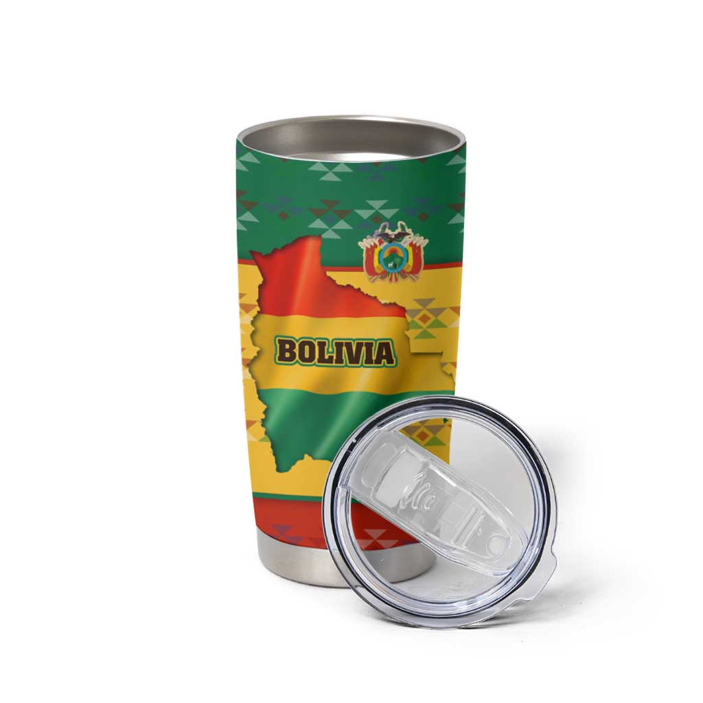 Bolivia Flag Color Tumbler Cup with National Crest, Andean Pattern and Condor Graphic