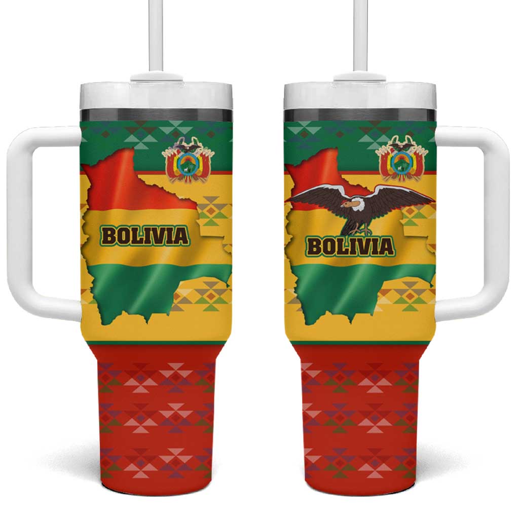 Bolivia Flag Color Tumbler With Handle with National Crest, Andean Pattern and Condor Graphic