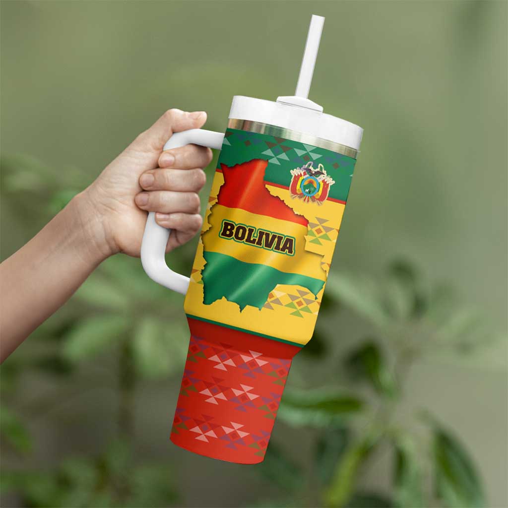 Bolivia Flag Color Tumbler With Handle with National Crest, Andean Pattern and Condor Graphic