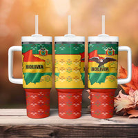 Bolivia Flag Color Tumbler With Handle with National Crest, Andean Pattern and Condor Graphic