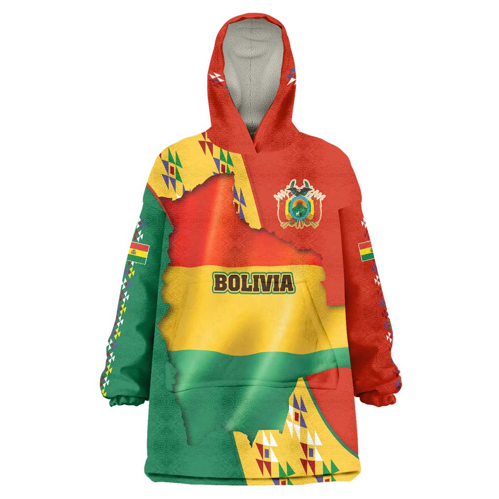 Bolivia Flag Color Wearable Blanket Hoodie with National Crest, Andean Pattern and Condor Graphic