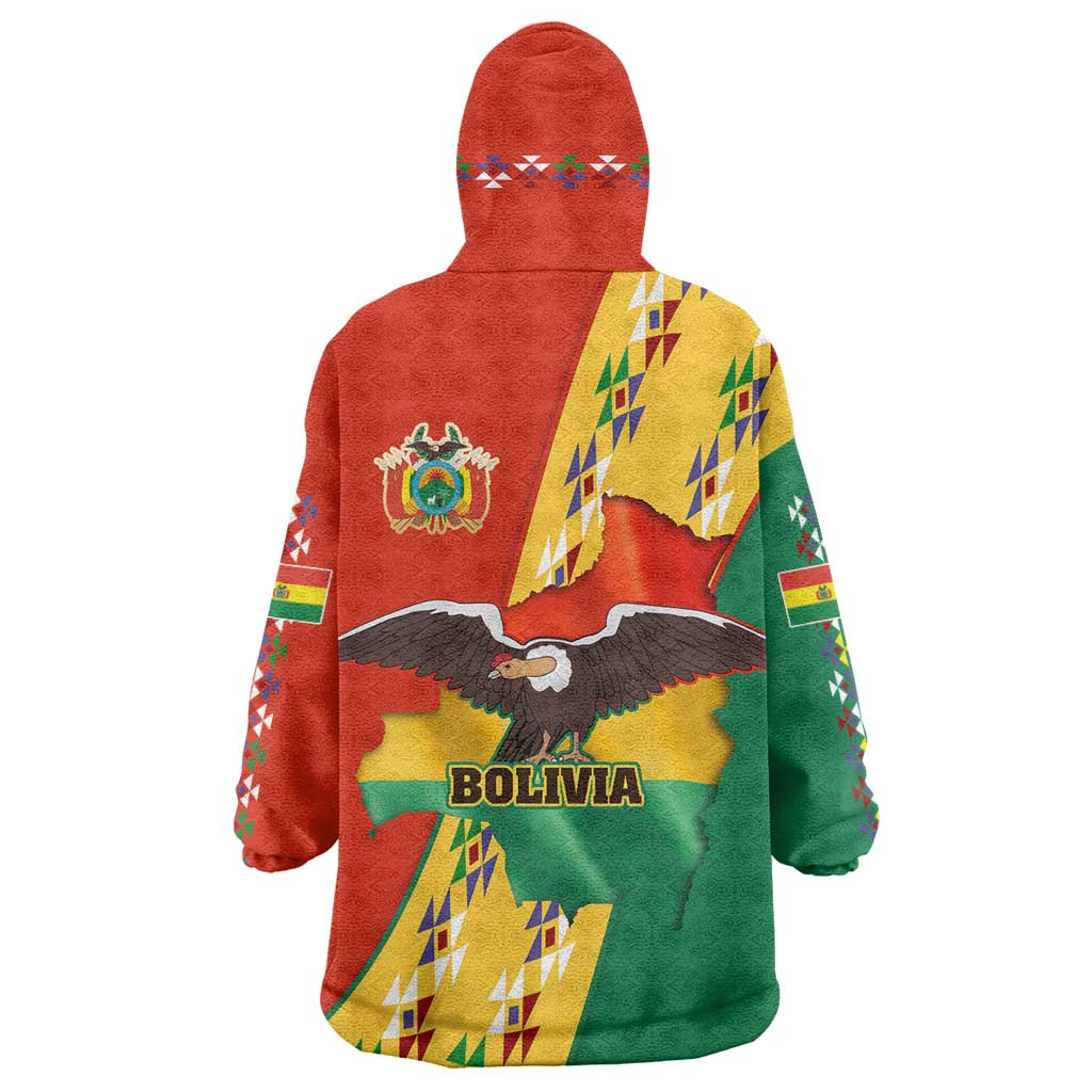 Bolivia Flag Color Wearable Blanket Hoodie with National Crest, Andean Pattern and Condor Graphic