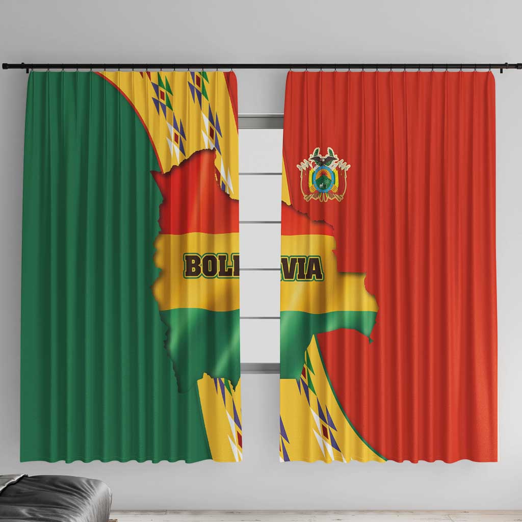 Bolivia Flag Color Window Curtain with National Crest, Andean Pattern and Condor Graphic