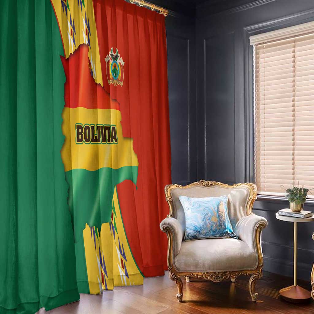 Bolivia Flag Color Window Curtain with National Crest, Andean Pattern and Condor Graphic