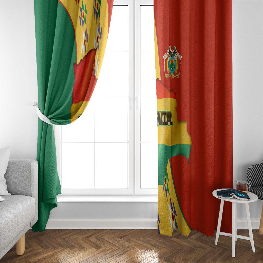Bolivia Flag Color Window Curtain with National Crest, Andean Pattern and Condor Graphic