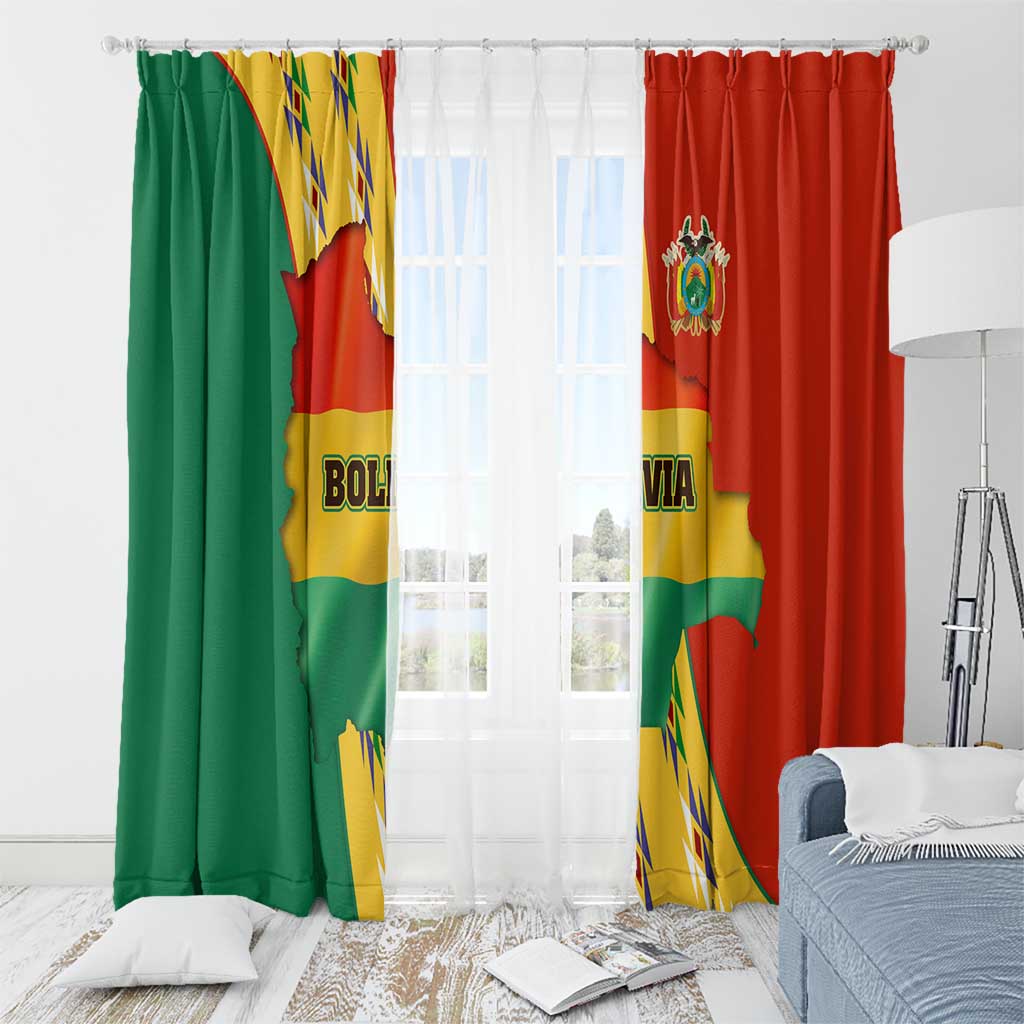 Bolivia Flag Color Window Curtain with National Crest, Andean Pattern and Condor Graphic