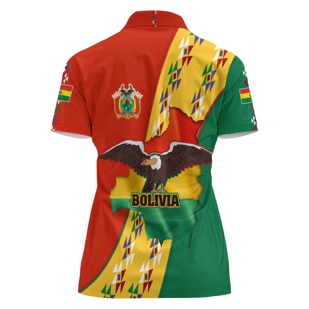 Bolivia Flag Color Women Polo Shirt with National Crest, Andean Pattern and Condor Graphic