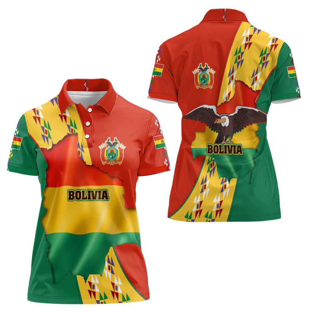 Bolivia Flag Color Women Polo Shirt with National Crest, Andean Pattern and Condor Graphic
