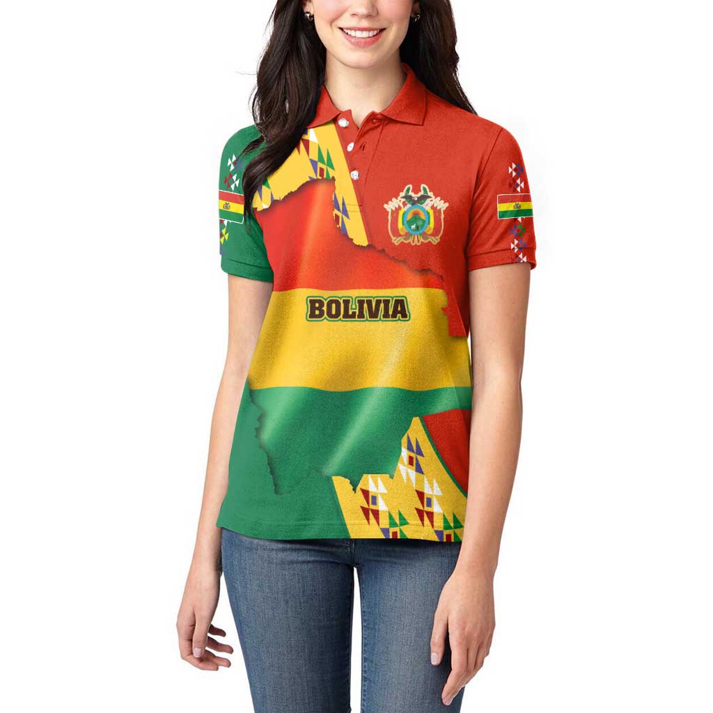 Bolivia Flag Color Women Polo Shirt with National Crest, Andean Pattern and Condor Graphic