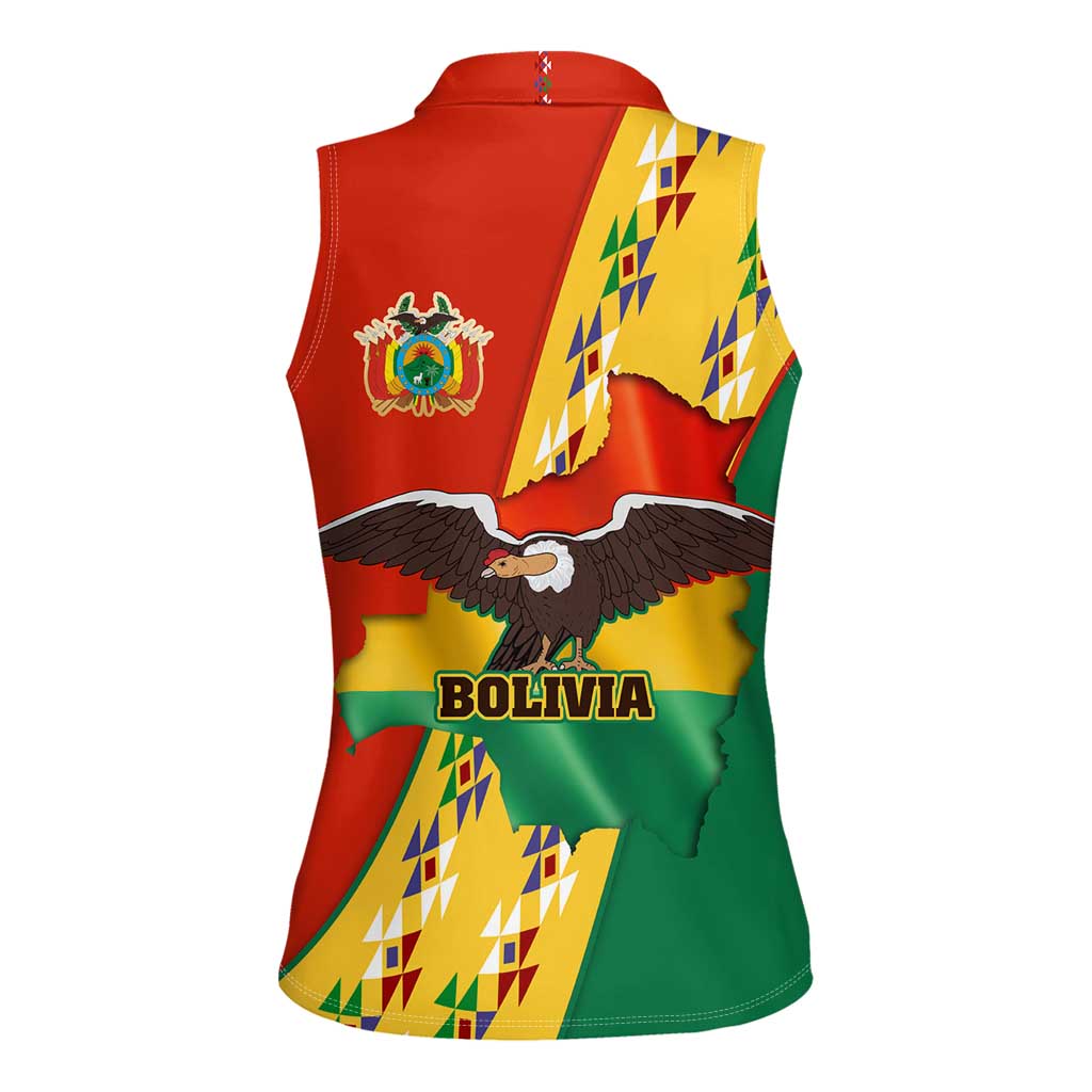 Bolivia Flag Color Women Sleeveless Polo Shirt with National Crest, Andean Pattern and Condor Graphic