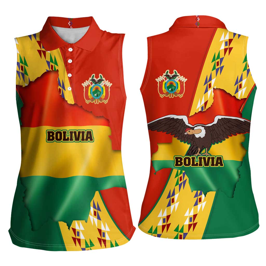 Bolivia Flag Color Women Sleeveless Polo Shirt with National Crest, Andean Pattern and Condor Graphic