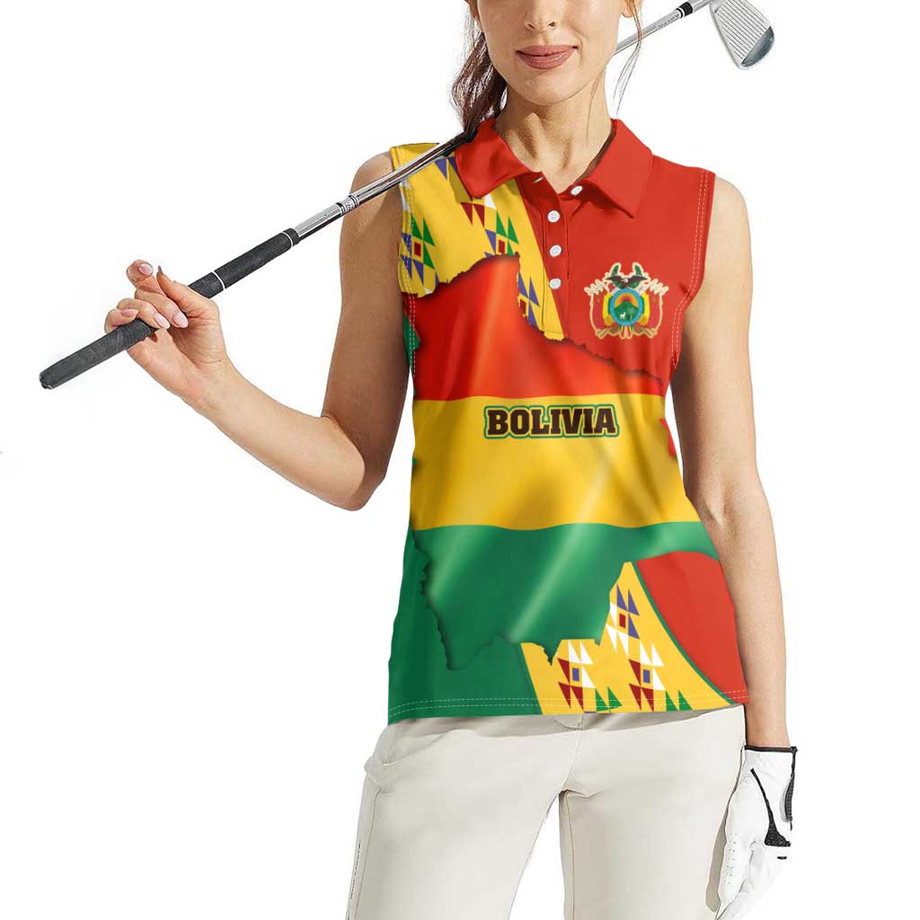 Bolivia Flag Color Women Sleeveless Polo Shirt with National Crest, Andean Pattern and Condor Graphic